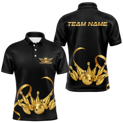Maxcorners Black and Gold Ribbon Bowling Polo, 1/4 Zip Shirts For Men Custom Breast Cancer Bowling Team Shirt MT1408