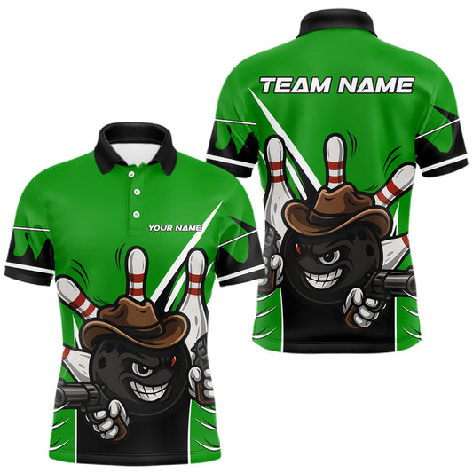 Maxcorners Funny Cowboy gun bowling ball and pins Bowling shirt for Men Custom bowling team jersey | Green LM1903