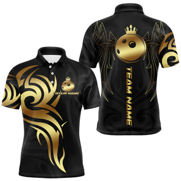 Maxcorners Black and Gold crown Bowling ball Polo, Quarter Zip Shirts for Men Custom Bowling Team jerseys LM1203