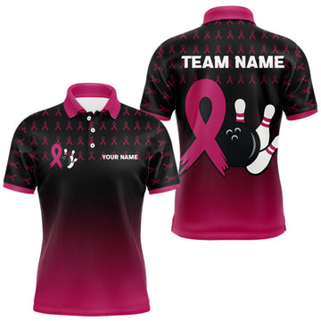 Maxcorners Black and Pink ribbon pattern Bowling shirts for Men Custom breast cancer bowling team jerseys