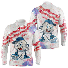 Maxcorners Funny Golf Ball Watercolor red, white and blue Mens golf polo shirts custom patriotic fun golf shirts LM2007