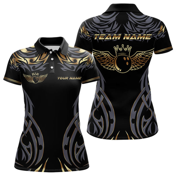 Maxcorners Personalized Black And Gold tribal pattern Bowling Shirts For Men, angel wings Bowling Team jerseys LM2007