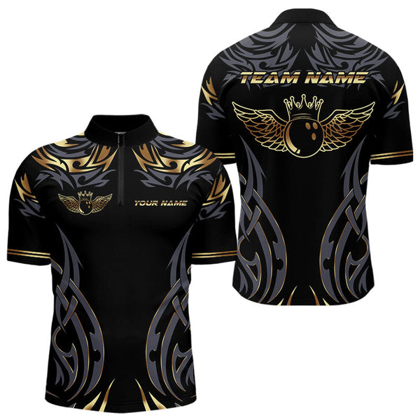 Maxcorners Personalized Black And Gold tribal pattern Bowling Shirts For Men, angel wings Bowling Team jerseys LM2007