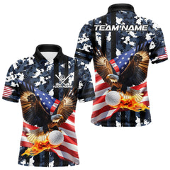 Maxcorners Blue Camo American Flag Eagle Flame Golf Polo Shirts for Men Custom Patriotic Team Mens Golf Outfit LM2608