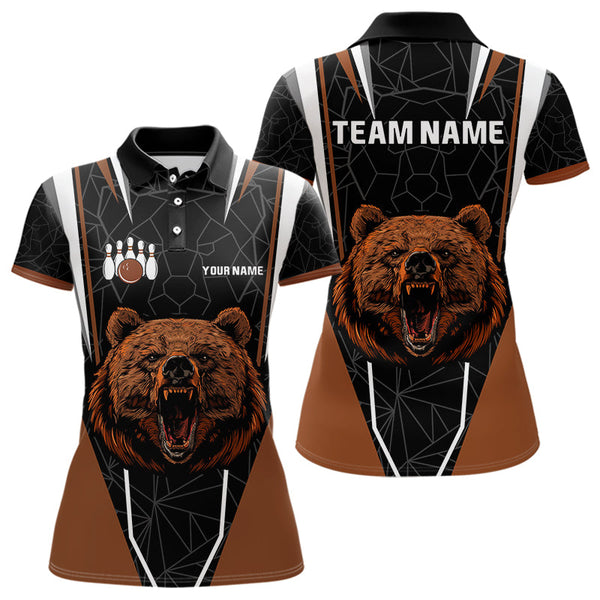 Maxcorners Personalized Bear Bowling Polo, Quarter Zip Shirts For Men, Bear Bowling Team Brown League Jersey LM2707