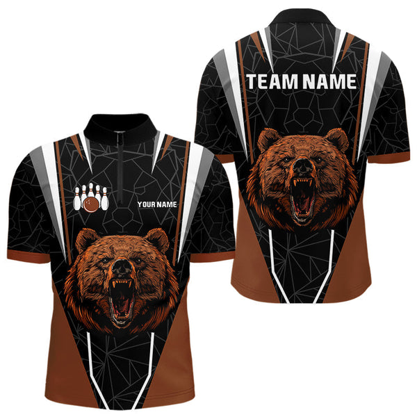 Maxcorners Personalized Bear Bowling Polo, Quarter Zip Shirts For Men, Bear Bowling Team Brown League Jersey LM2707