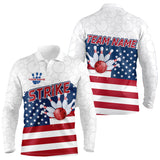 Maxcorners Personalized American Flag Strike Bowling Polo, 1/4 Zip Shirts For Men, Patriotic Bowling Team Jersey LM2707
