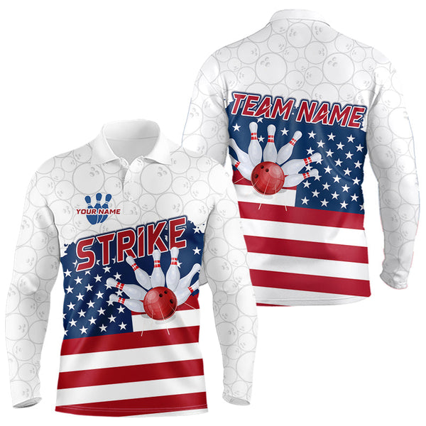 Maxcorners Personalized American Flag Strike Bowling Polo, 1/4 Zip Shirts For Men, Patriotic Bowling Team Jersey LM2707