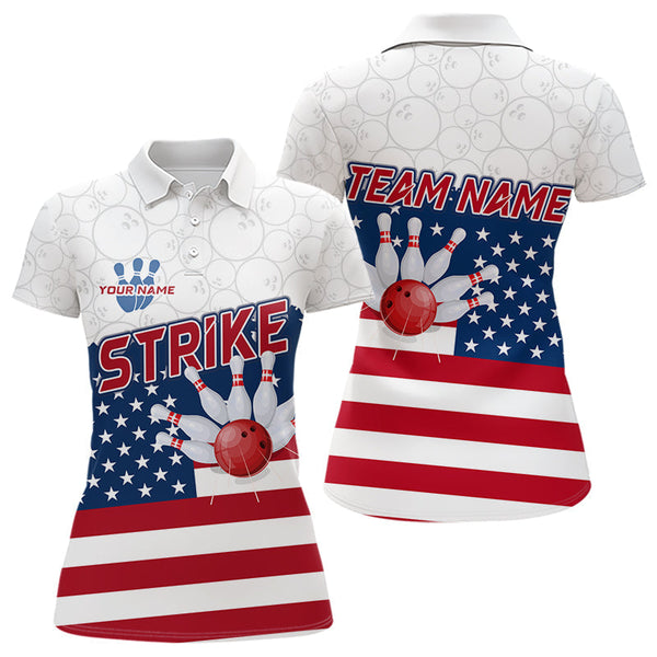 Maxcorners Personalized American Flag Strike Bowling Polo, 1/4 Zip Shirts For Men, Patriotic Bowling Team Jersey LM2707