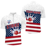 Maxcorners Personalized American Flag Strike Bowling Polo, 1/4 Zip Shirts For Men, Patriotic Bowling Team Jersey LM2707