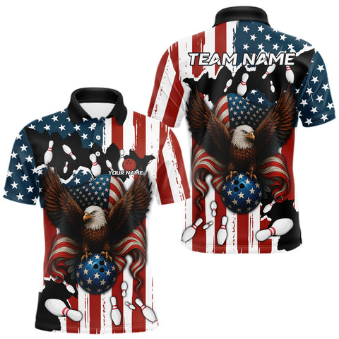 Maxcorners American Flag Eagle Bowling Polo, Quarter Zip Shirts For Men Custom Patriotic Team Bowling Jersey  MT2808