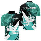 Maxcorners Mens bowling polo, 1/4 zip shirts Custom cyan blue smoke bowling team jerseys, gift for Bowlers MT1006