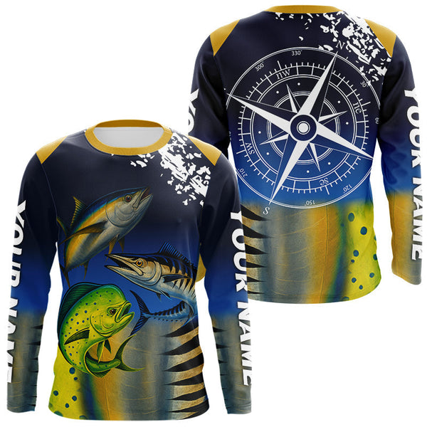 Maxcorners Personalized Mahi Mahi, Wahoo, Tuna scales blue Fishing Shirts, compass offshore tournament Shirts MT2108