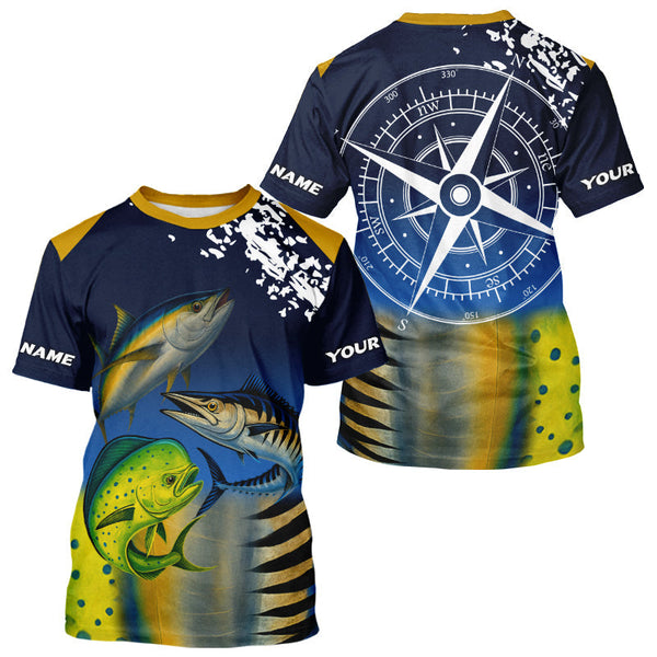Maxcorners Personalized Mahi Mahi, Wahoo, Tuna scales blue Fishing Shirts, compass offshore tournament Shirts MT2108