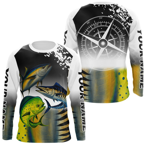 Maxcorners Personalized Mahi Mahi, Wahoo, Tuna scales black Fishing Shirts, compass offshore tournament Shirts MT2108