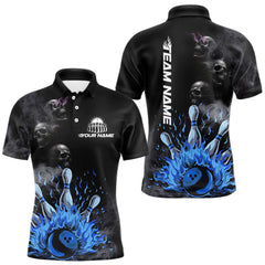 Maxcorners Personalized Smoke Skull Blue Flame Black Bowling Shirts For Men Custom Team Bowling Jerseys LM0409