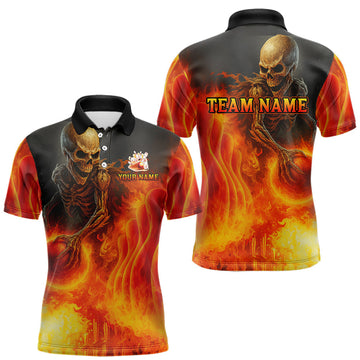 Maxcorners Orange Flame Skull reaper Bowling polo, quarter zip shirts for Men Custom skull bowling team jersey LM1203