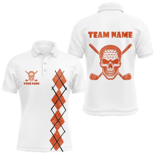 Maxcorners Orange argyle plaid pattern Skull White Golf polo shirts for men custom Halloween mens golf attire LM0803