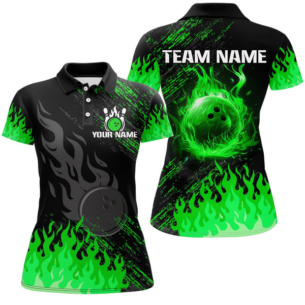 Maxcorners Bowling Ball And Pins Black And Green Flame Customized Name, Team Anme 3D Polo Shirt