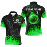 Maxcorners Bowling Ball And Pins Black And Green Flame Customized Name, Team Anme 3D Polo Shirt