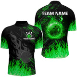 Maxcorners Bowling Ball And Pins Black And Green Flame Customized Name, Team Anme 3D Polo Shirt