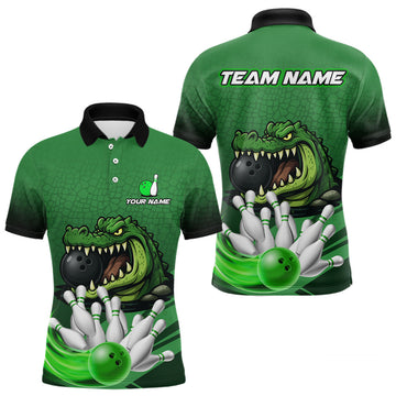 Maxcorners Funny Green Alligator Bowling Polo, Quarter Zip shirts for Men Custom Team bowling league jersey LM1903