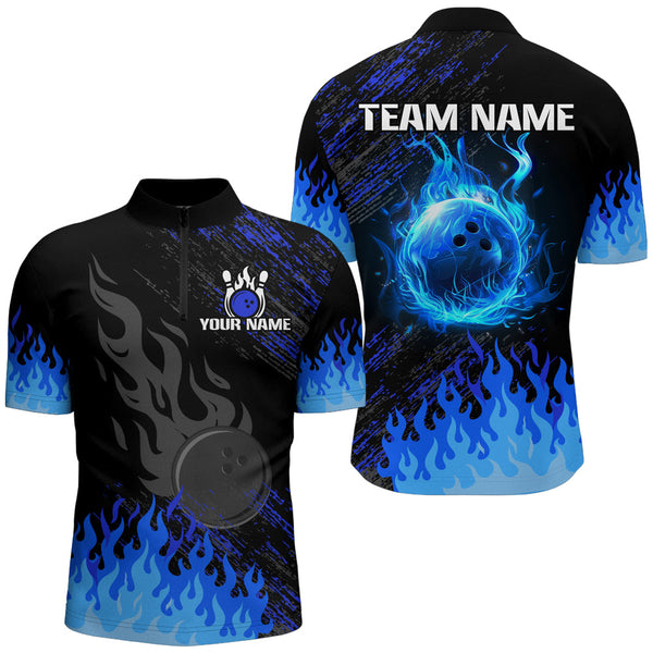 MaxCorners Bowling And Pins Black And Blue Flame Customized Name, Team Name 3D Stand Collar Zipper Polo Shirt For Men