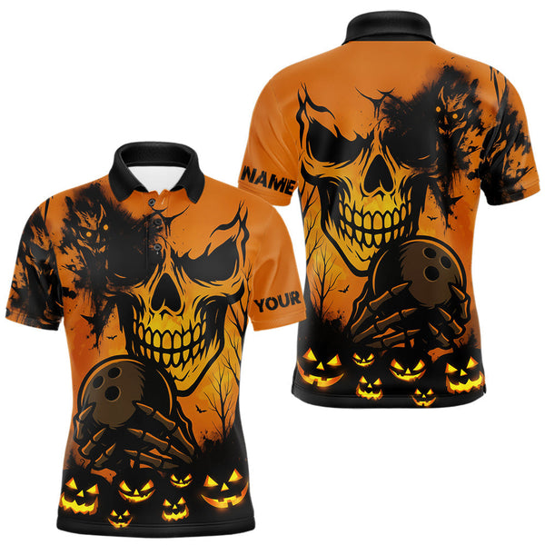 Maxcorners Custom Skull Bowling Jerseys For Men Bowling Team Polo, Quarter Zip Shirts Halloween Outfits NQS TU0809
