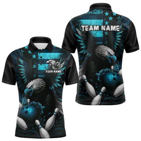 Maxcorners Custom Turquoise Vintage Us Flag Patriotic Eagle Bowling Shirt For Men, Retro Bowling Team Jerseys LM1708