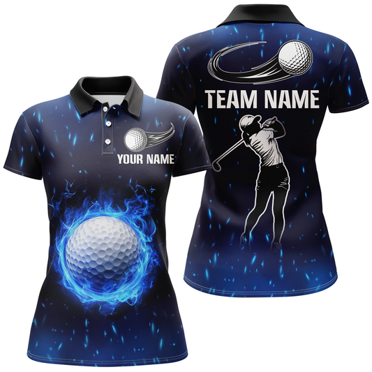 Maxcorners Blue Flame Golf Ball Mens Golf Polo Shirt Custom Team Mens Golf Apparel, Golf Gifts For Men