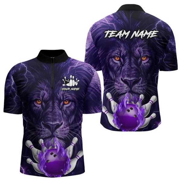 Maxcorners Purple Lightning thunder Flame Lion Bowling Polo, 1/4 Zip shirts for Men Custom bowling team jerseys LM3006
