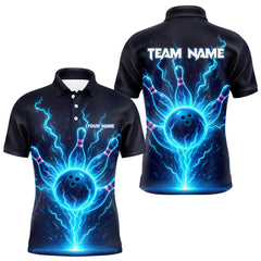 Maxcorners Blue Lightning Thunder Bowling Polo, Quarter Zip Shirts for Men Custom Team Bowling Shirts LM2408