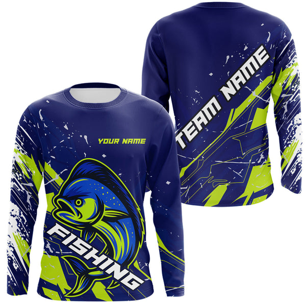 Maxcorners Mahi Mahi fishing sun protection shirts custom name blue and green fishing jerseys for team offshore MT2108