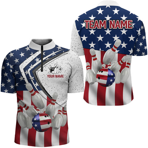 MaxCorners Bowling And Pins American Flag Retro Patriotic Customized Name, Team Name 3D Stand Collar Zipper Polo Shirt For Men