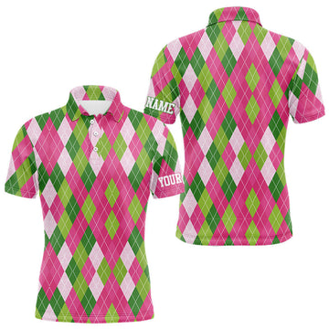Maxcorners Pink and Green argyle pattern Mens golf polo shirt custom golf jerseys, personalized golf apparel MT0708
