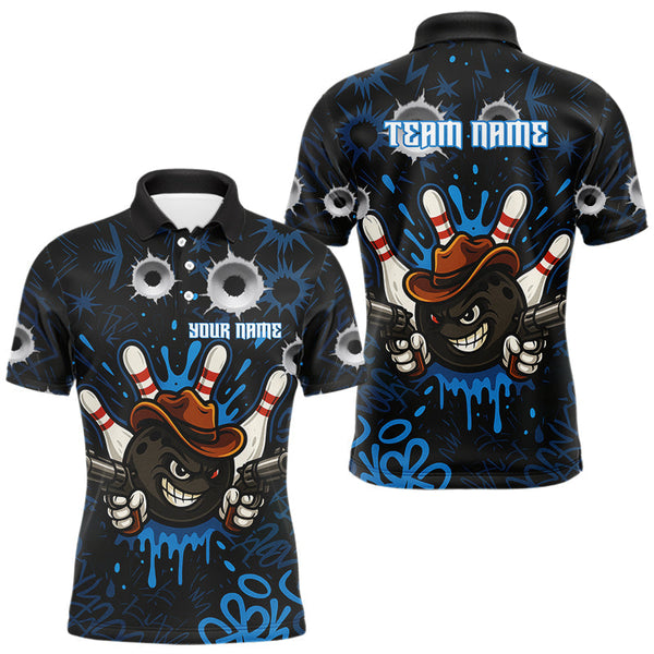 Maxcorners Funny Black and Blue Bowling Cowboy gun Men bowling polo, 1/4 zip shirts Custom bowling team jersey TU0809