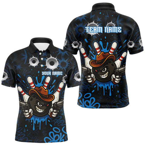 Maxcorners Funny Black and Blue Bowling Cowboy gun Men bowling polo, 1/4 zip shirts Custom bowling team jersey TU0809