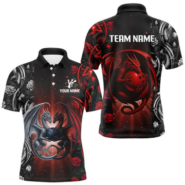 Maxcorners Red Dragon Roses Pattern Custom Bowling Polo, Quarter Zip shirts For Men, Dragon Bowling League Shirt LM1903