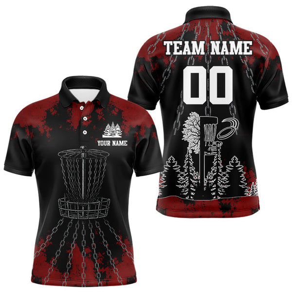Maxcorners Black and Red Disc golf basket chain Men disc golf polo shirt custom number disc golf outfit for team LM1708