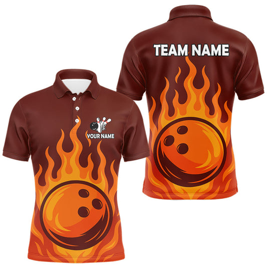 Maxcorners Orange Flame Bowling Polo, Quarter Zip Shirts for Men Custom Bowling Team League Jersey LM1903