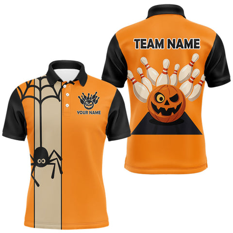 Maxcorners Orange and Black Halloween Retro Bowling Polo, 1/4 Zip Shirts For Men Custom Bowling Team Shirt MT1408