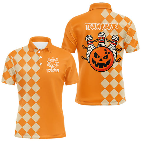 Maxcorners Orange Argyle Pattern Custom Halloween Mens Bowling Shirts, Personalized Bowling Team Shirt MT1408