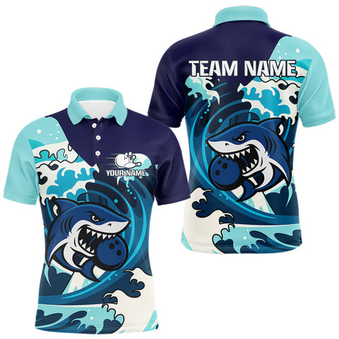 Maxcorners Custom Blue Shark Bowling Polo, Quarter Zip Shirts For Men, Personalized Shark Bowling Team Shirt MT1408