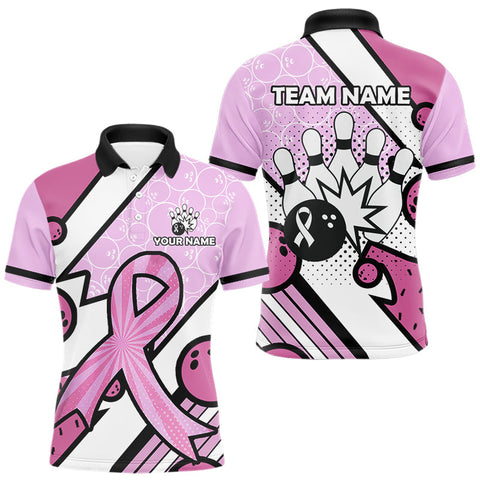 Maxcorners Personalized Pink Ribbons Camo Bowling Shirts For Men, Custom breast cancer bowling Team shirts LM2408