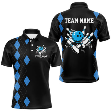 Maxcorners Black and Blue argyle bowling polo shirts, 1/4 zip shirt for men Custom team bowling jerseys men