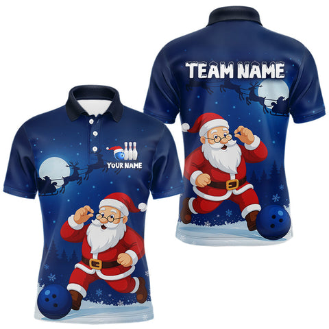 Maxcorners Custom Blue Funny Christmas Santa Bowling Polo, Quarter Zip Shirt For Men, Bowling Team League Jersey LM0910