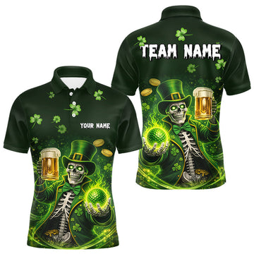 Maxcorners Funny Skull drink beer St Patrick's day Green shamrock Mens Golf Polo Shirts Custom mens golf apparel