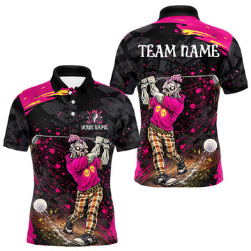 Maxcorners Black And Pink Funny Zombie Golf Polo Shirts For Men Custom Team Golf Shirts, Funny Golf Polos LM1104