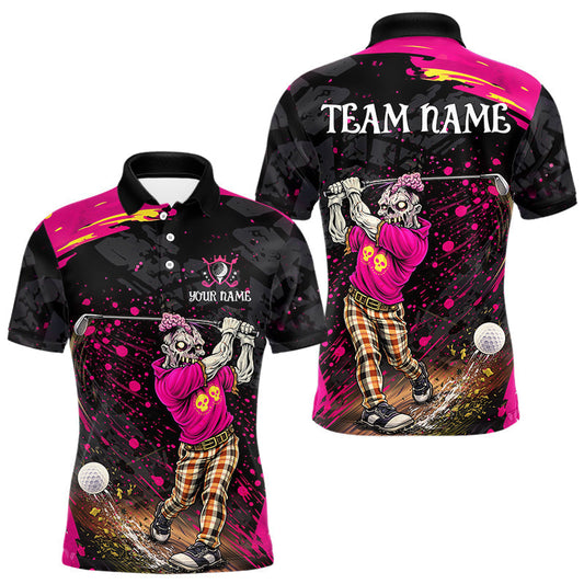 Maxcorners Black And Pink Funny Zombie Golf Polo Shirts For Men Custom Team Golf Shirts, Funny Golf Polos LM1104
