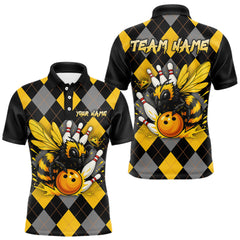 Maxcorners Black and Yellow argyle pattern Honey Bee Bowling shirts for Men Custom Team bowling jerseys LM1112